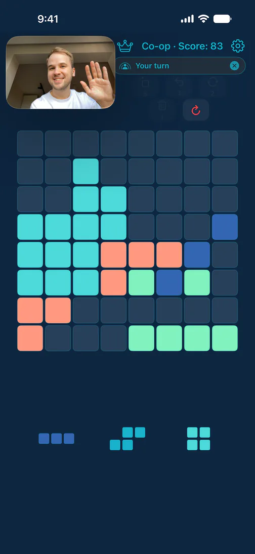 A co-op game over SharePlay, with the FaceTime video tile in the corner