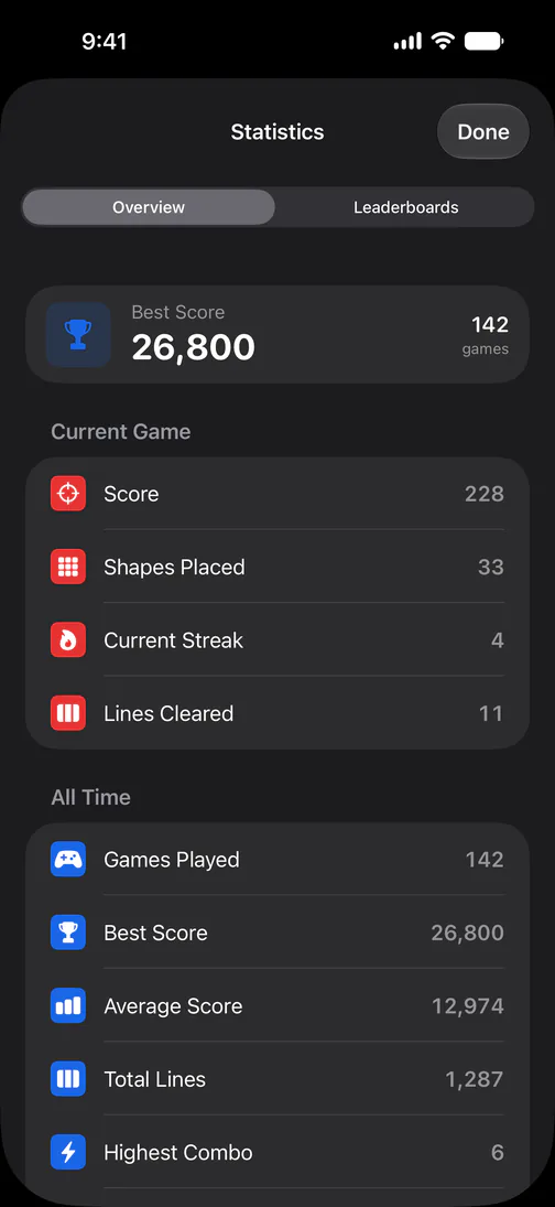 The Statistics screen showing games played and best scores