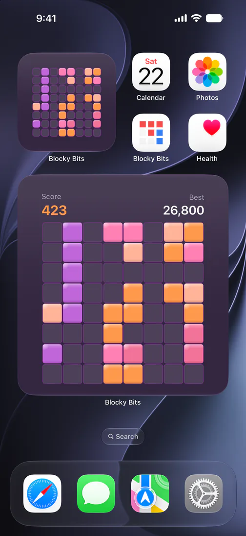 Blocky Bits widgets on the iPhone Home Screen