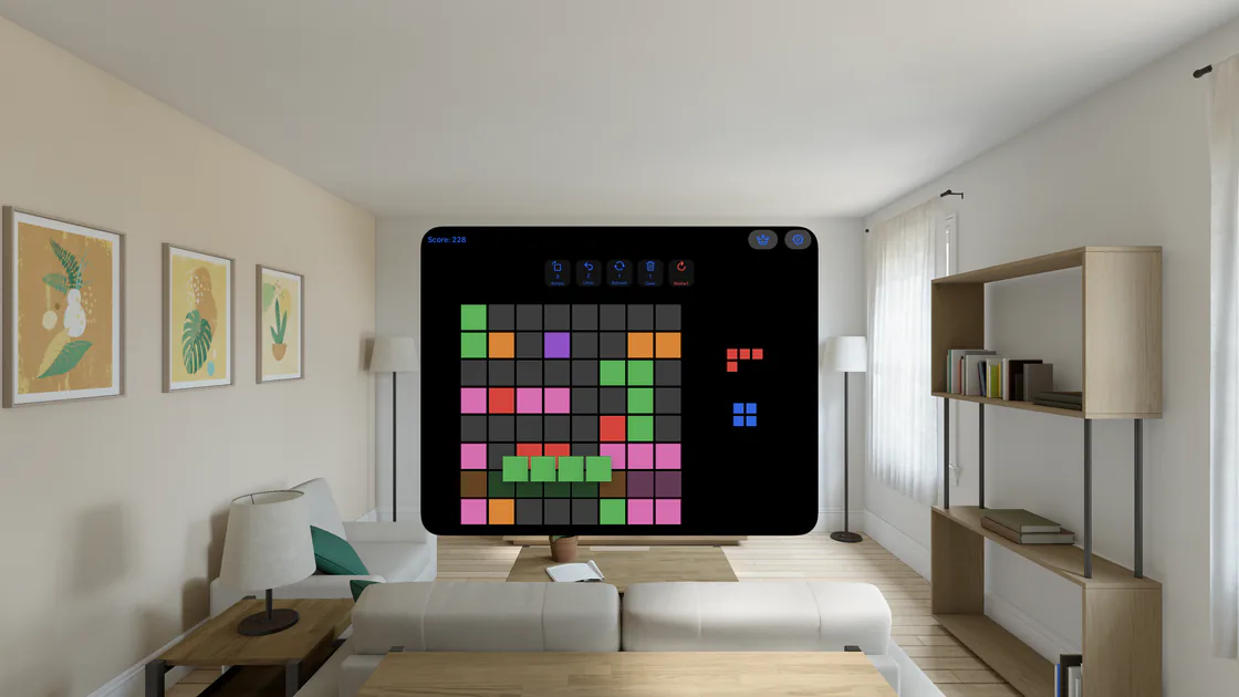 Blocky Bits floating in a living room on Apple Vision Pro